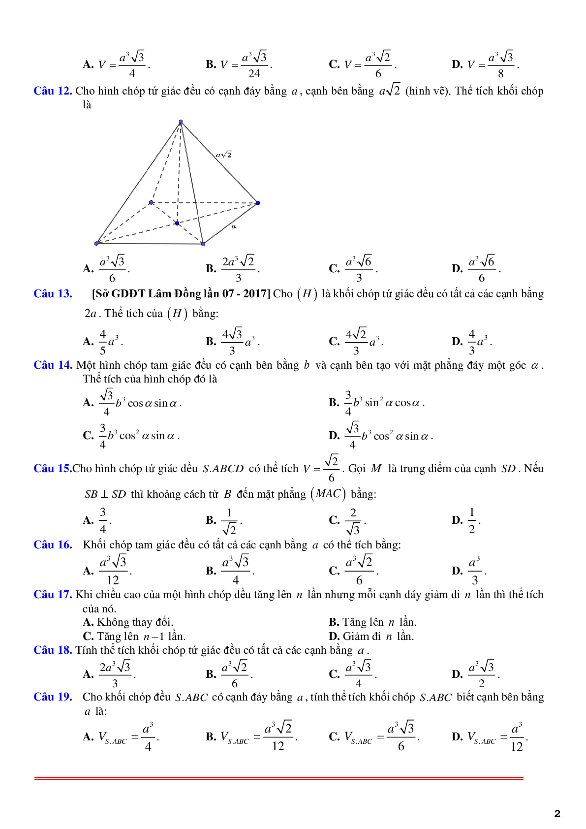 85 câu trắc nghiệm về thể tích khối chóp đều - có lời giải chi tiết (trang 2)