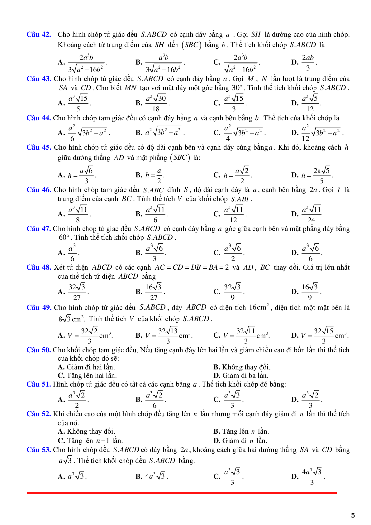 85 câu trắc nghiệm về thể tích khối chóp đều - có lời giải chi tiết (trang 5)