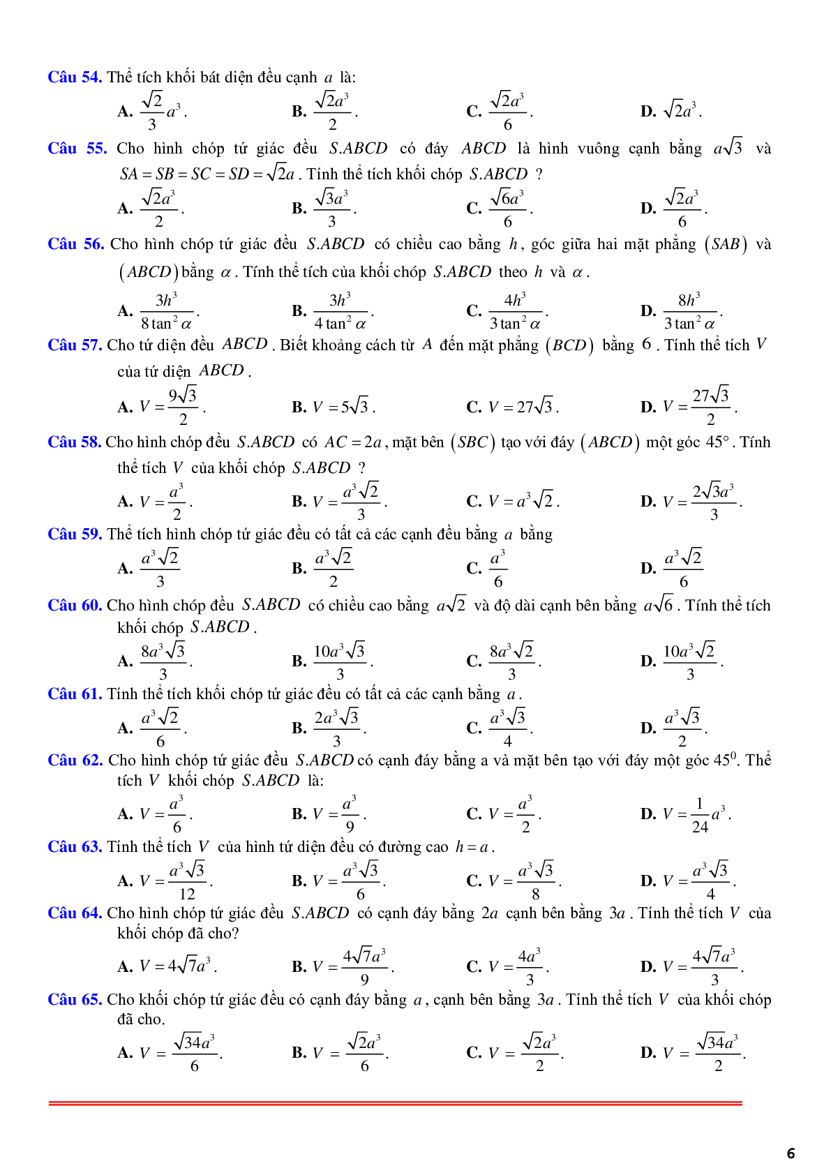 85 câu trắc nghiệm về thể tích khối chóp đều - có lời giải chi tiết (trang 6)
