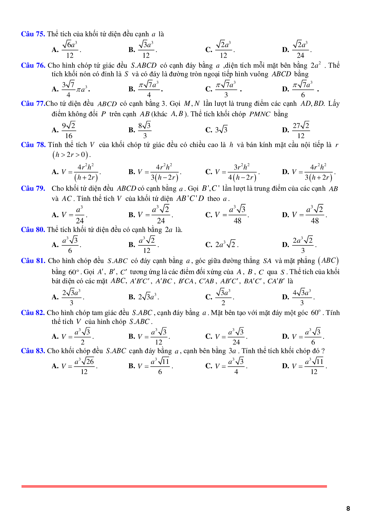 85 câu trắc nghiệm về thể tích khối chóp đều - có lời giải chi tiết (trang 8)
