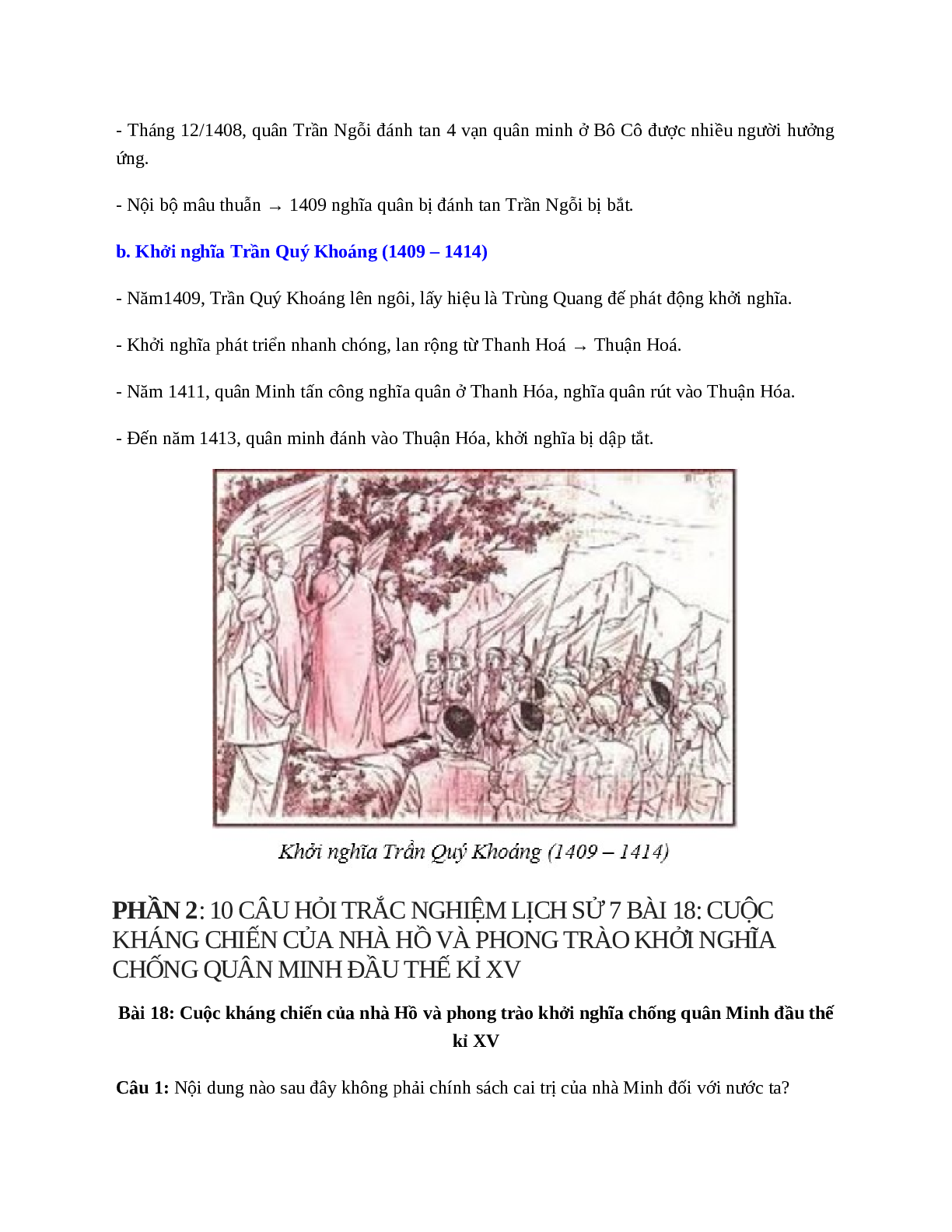 Lịch Sử 7 Bài 18 (Lý thuyết và trắc nghiệm): Cuộc kháng chiến của nhà Hồ và phong trào khởi nghĩa chống quân Minh đầu thế kỉ XV (trang 3)