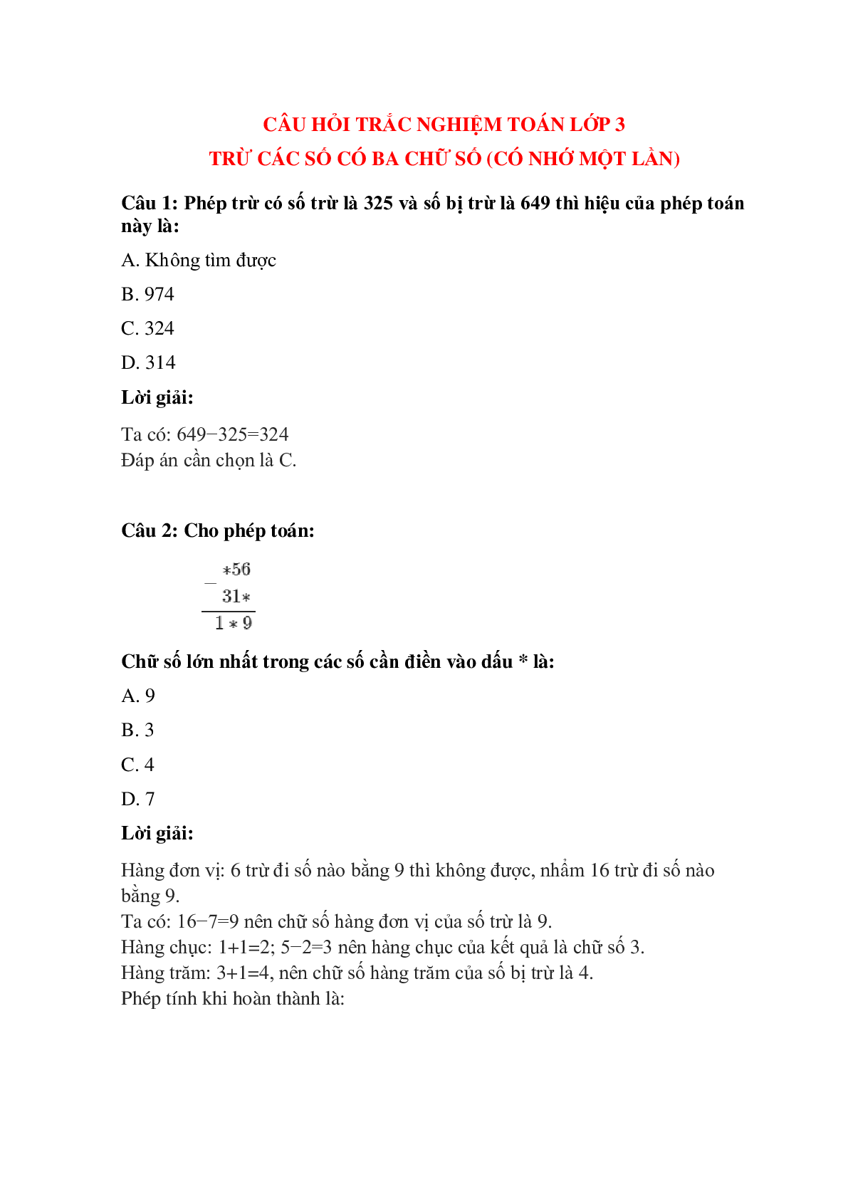 Trắc nghiệm Trừ các số có ba chữ số (có nhớ một lần) có đáp án – Toán lớp 3 (trang 1)