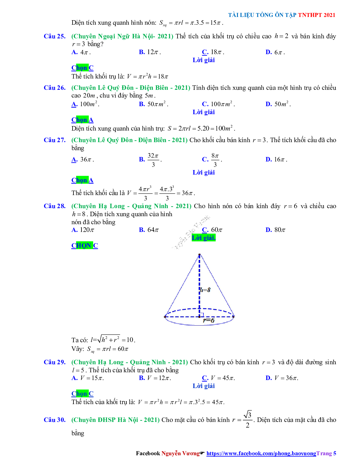 Trắc nghiệm Ôn thi THPT QG Toán 12: Đáp án khối tròn xoay mức độ nhận biết (trang 5)