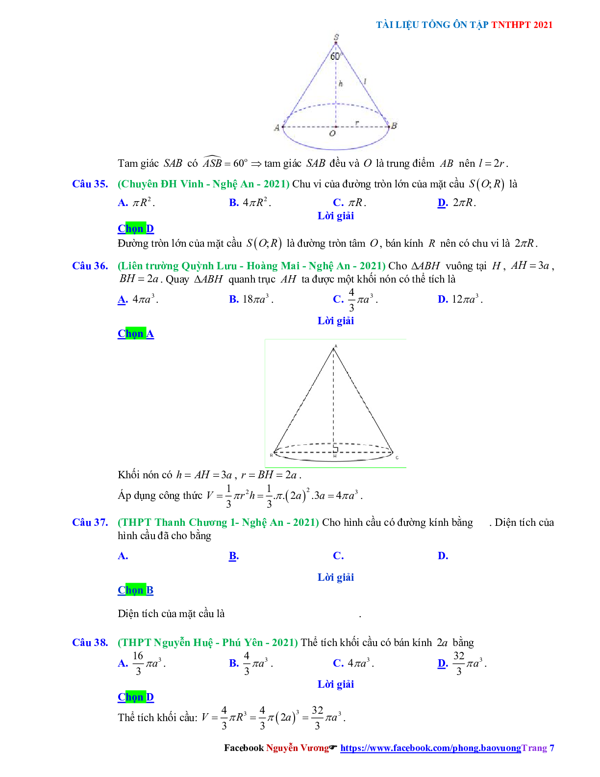 Trắc nghiệm Ôn thi THPT QG Toán 12: Đáp án khối tròn xoay mức độ nhận biết (trang 7)