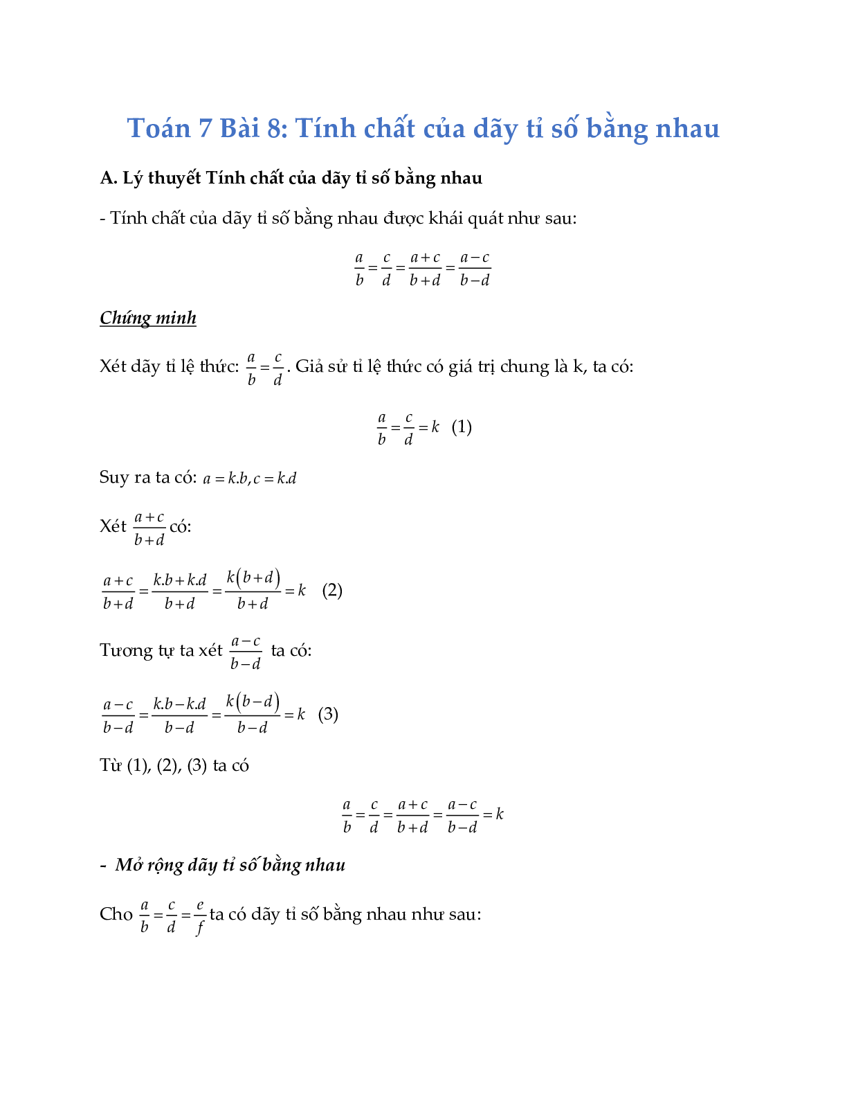 Lý thuyết Toán lớp 7 Bài 8: Tính chất của dãy tỉ số bằng nhau (trang 1)