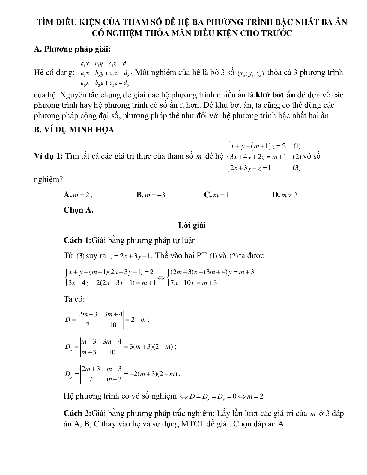 Tìm điều kiện của tham số đề hệ ba phương trình bậc nhất ba ẩn có nghiệm thỏa mãn điều kiện cho trước (trang 1)