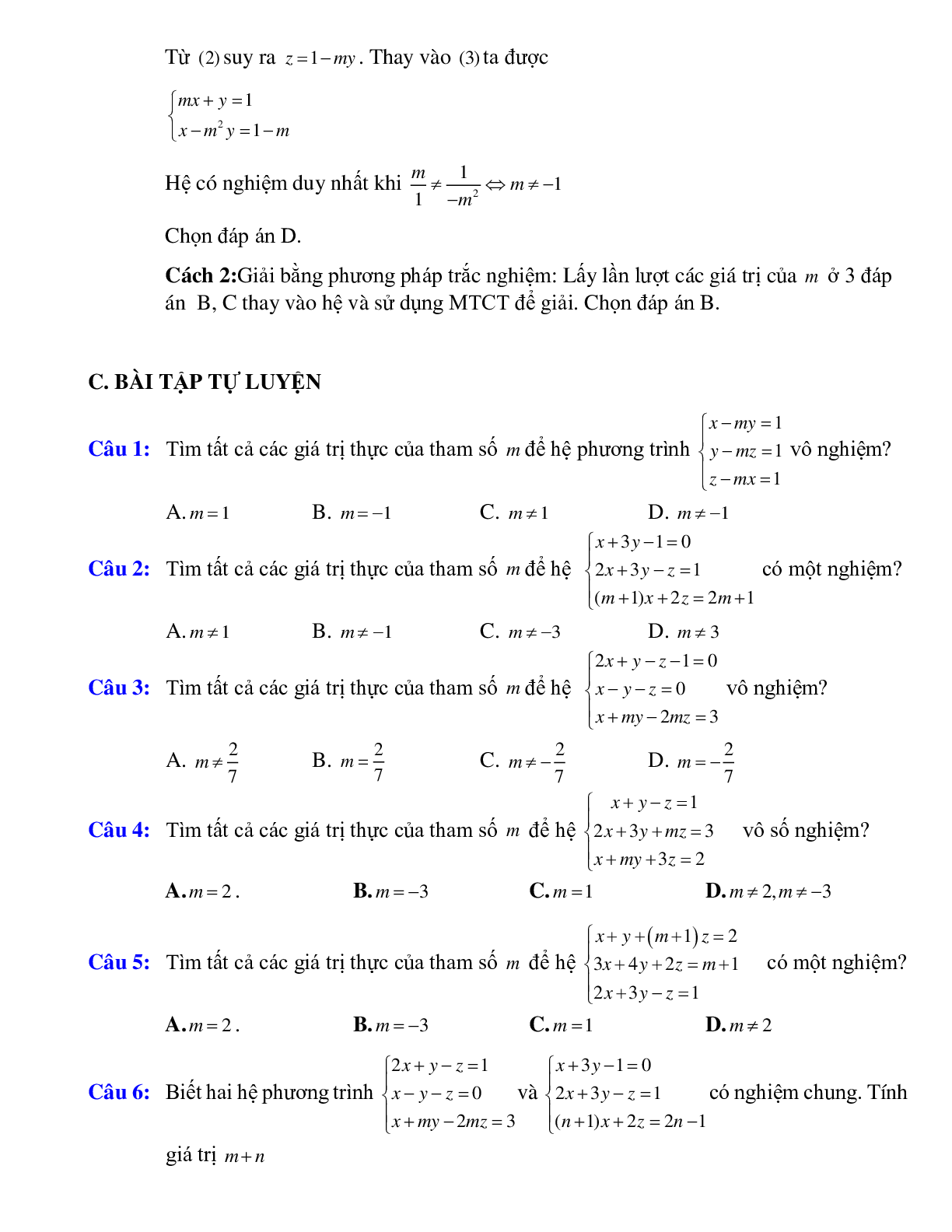 Tìm điều kiện của tham số đề hệ ba phương trình bậc nhất ba ẩn có nghiệm thỏa mãn điều kiện cho trước (trang 3)