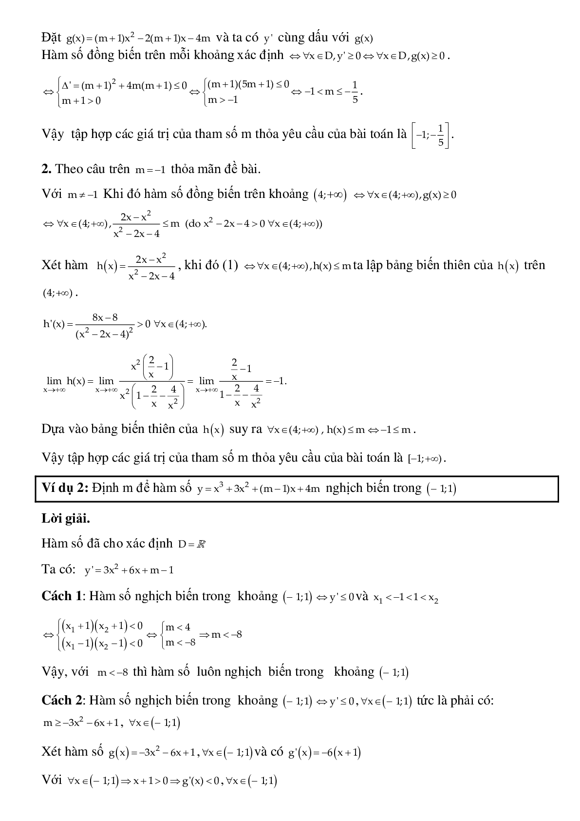 Dạng bài tập Tìm tham số m để hàm số đơn điệu trên khoảng K cho trước (trang 2)