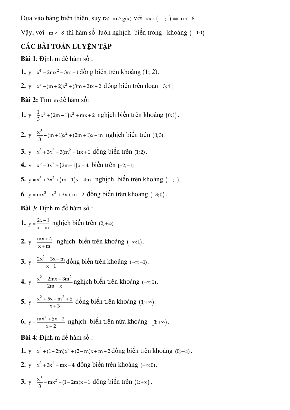 Dạng bài tập Tìm tham số m để hàm số đơn điệu trên khoảng K cho trước (trang 3)
