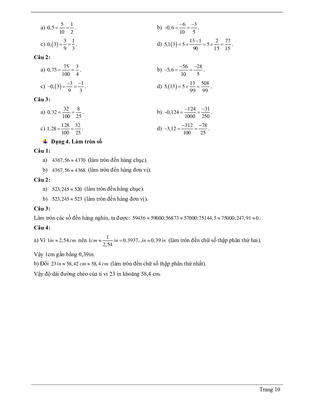 Lý thuyết Toán 7 có đáp án: Số thập phân hữu hạn. Số thập phân vô hạn tuần hoàn (trang 10)