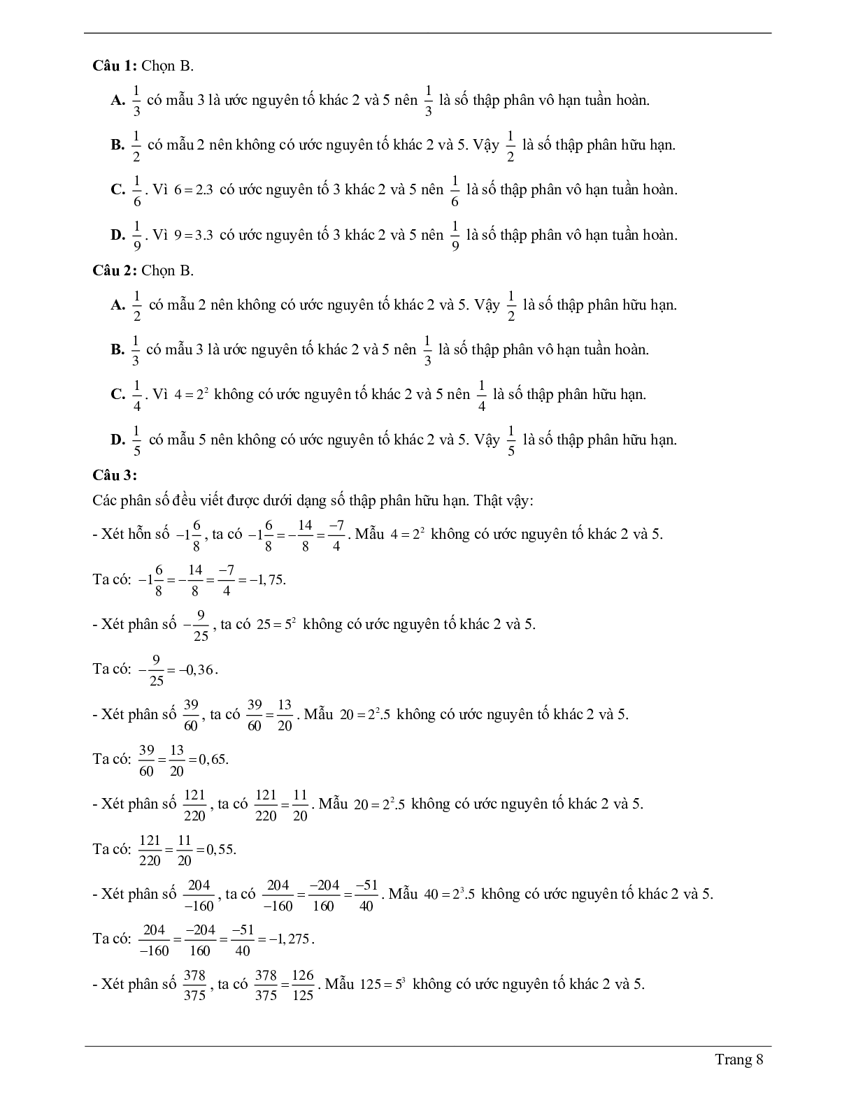 Lý thuyết Toán 7 có đáp án: Số thập phân hữu hạn. Số thập phân vô hạn tuần hoàn (trang 8)