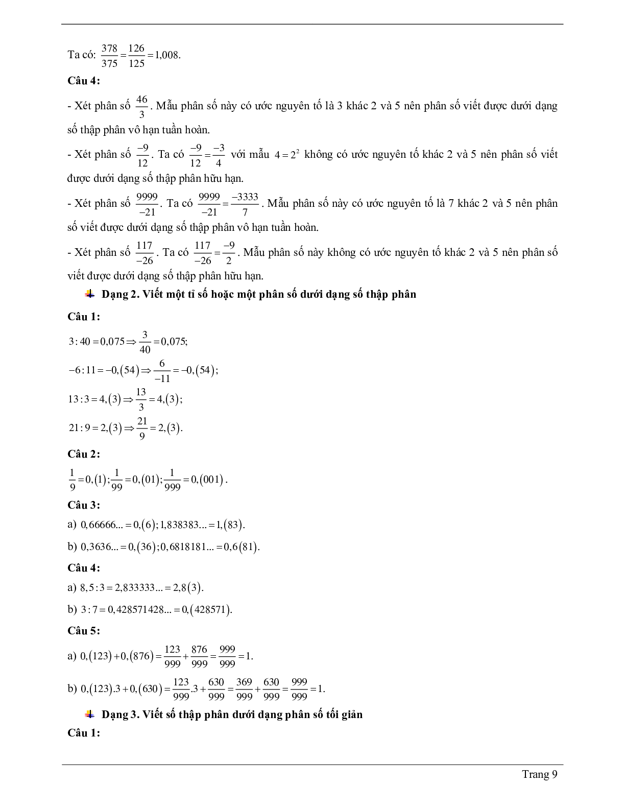 Lý thuyết Toán 7 có đáp án: Số thập phân hữu hạn. Số thập phân vô hạn tuần hoàn (trang 9)