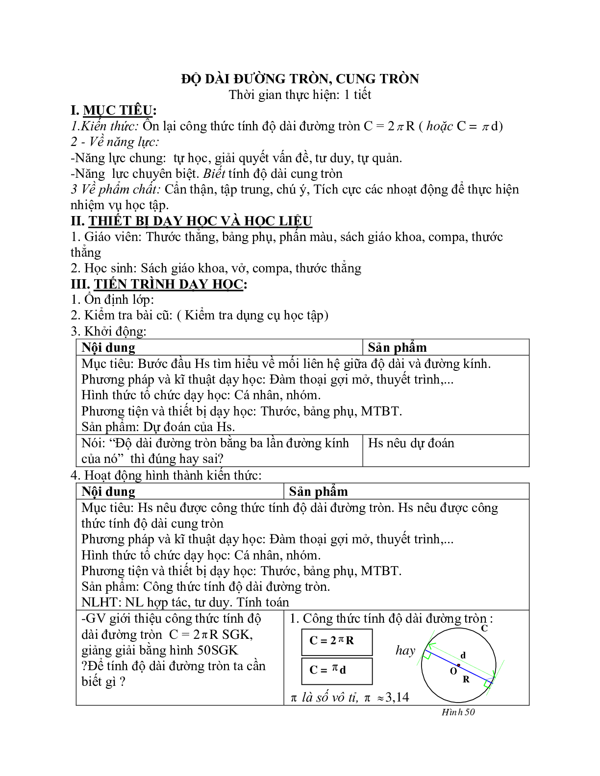 Giáo án Hình học 9 chương 3 bài 9: Độ dài đường tròn, cung tròn mới nhất (trang 1)