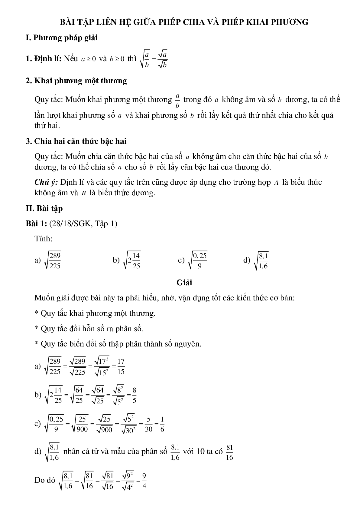 50 Bài tập Liên hệ giữa phép chia và phép khai phương (có đáp án)- Toán 9 (trang 1)
