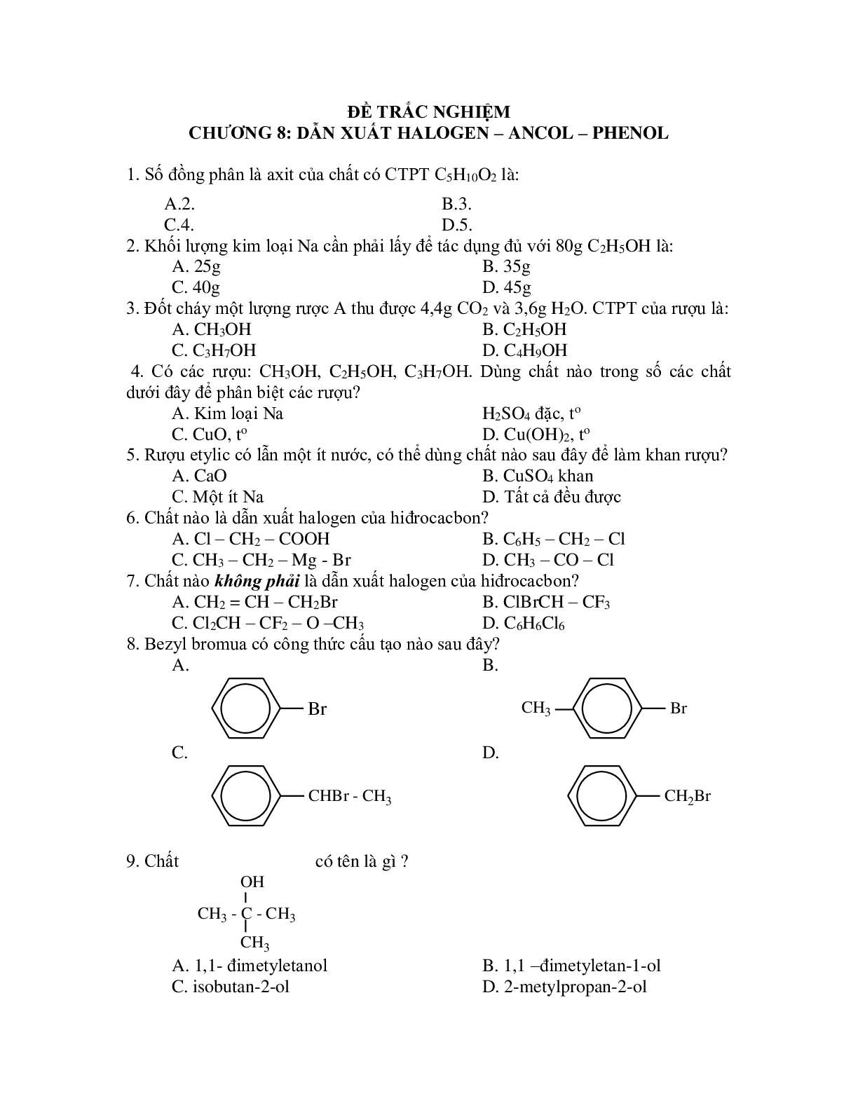 50 câu trắc nghiệm dẫn xuất halogen ancol phenol lớp có đáp án, chọn loc 2023 (trang 1)