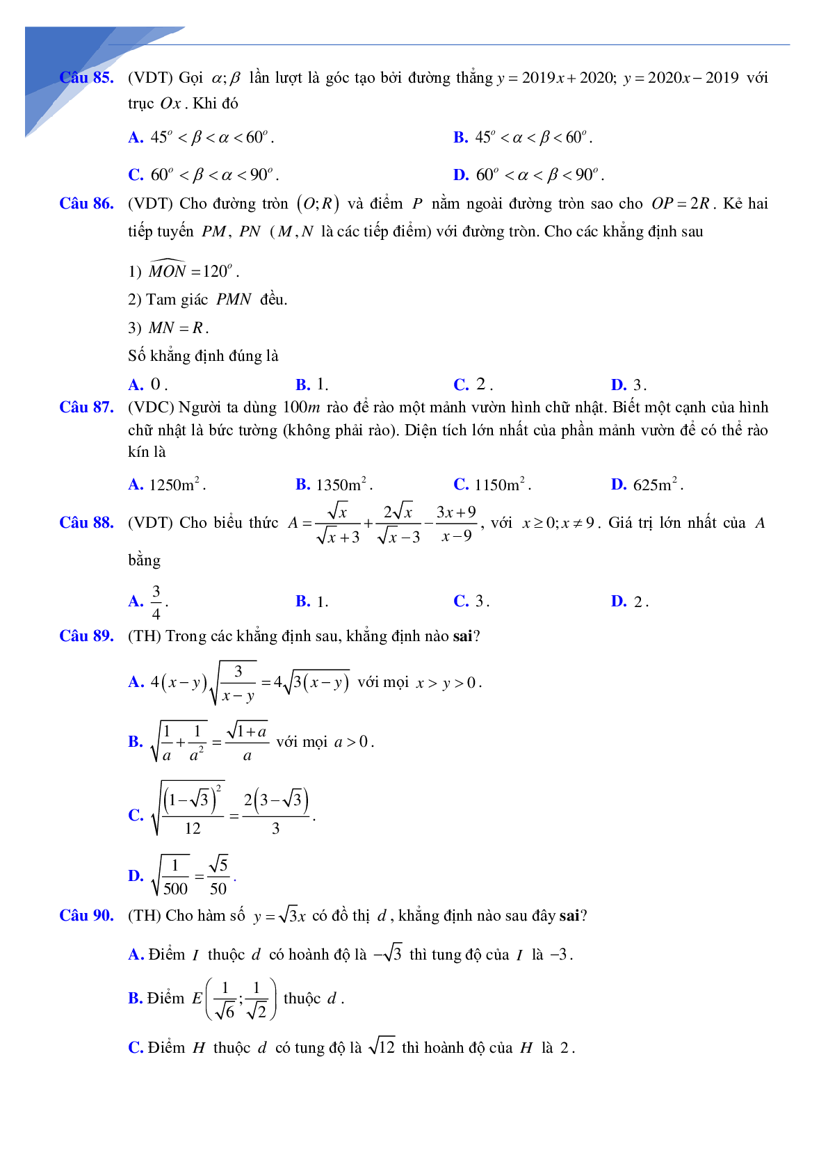 Bộ câu hỏi trắc nghiệm ôn lớp 10 môn toán (trang 10)