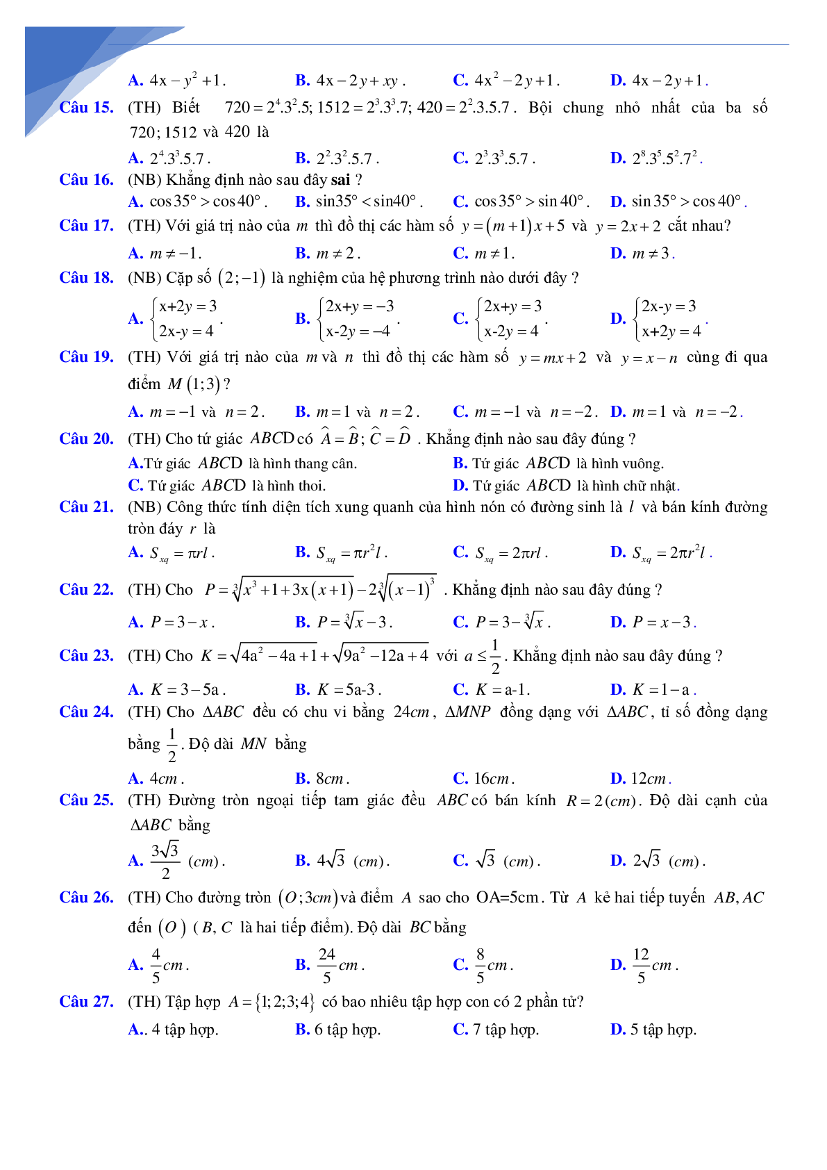 Bộ câu hỏi trắc nghiệm ôn lớp 10 môn toán (trang 2)