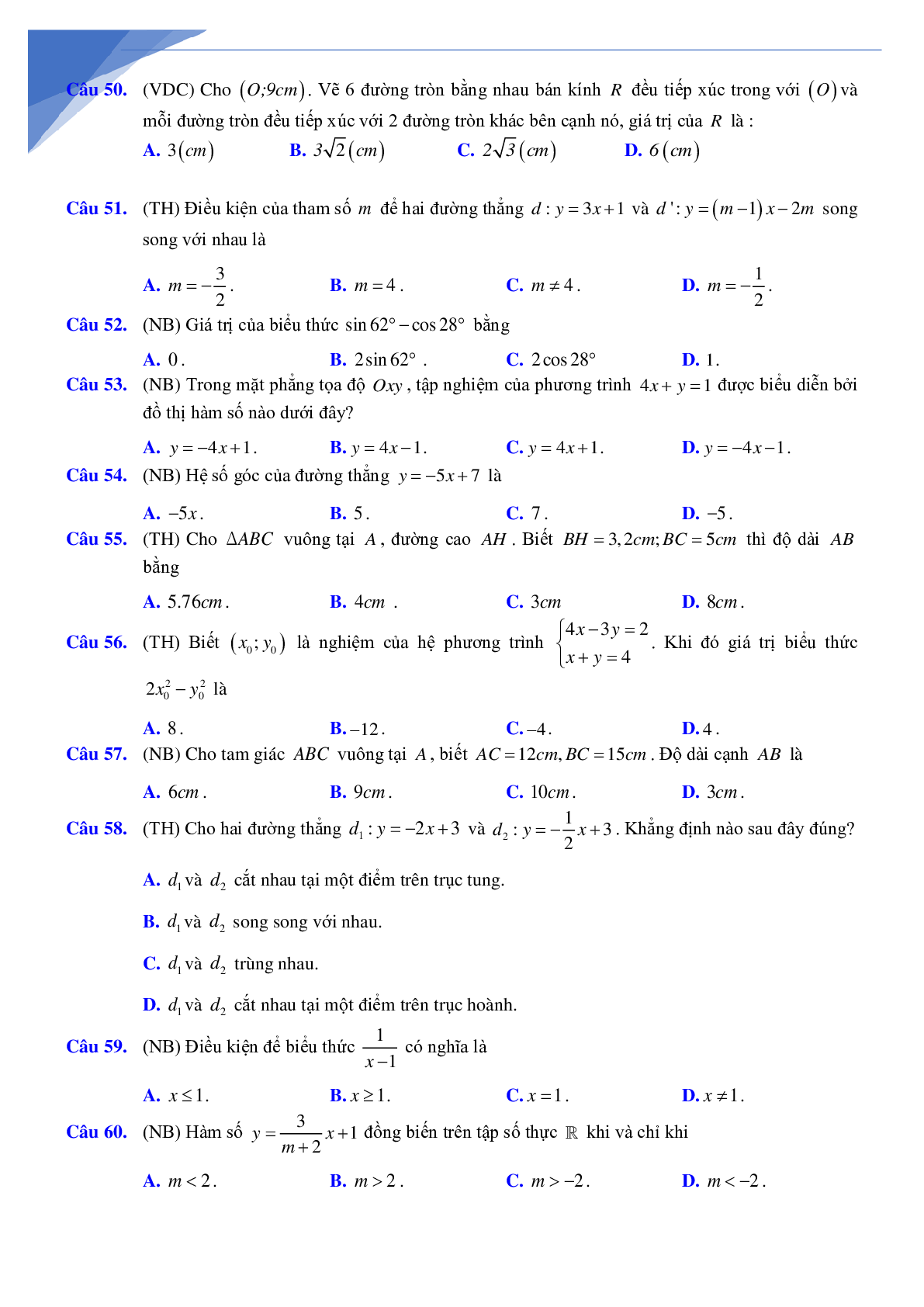 Bộ câu hỏi trắc nghiệm ôn lớp 10 môn toán (trang 6)