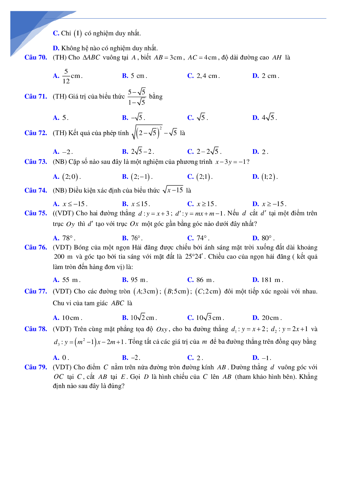 Bộ câu hỏi trắc nghiệm ôn lớp 10 môn toán (trang 8)