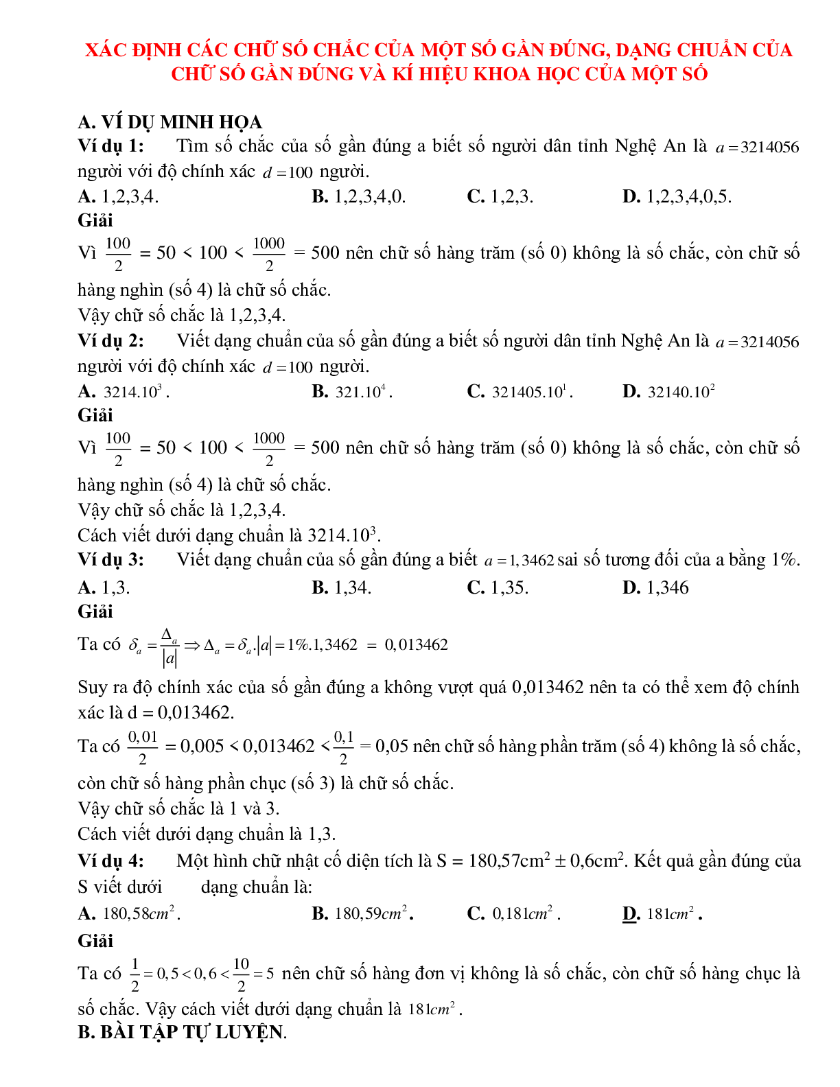 Bài tập tự luyện xác định các chữ số chắc của một số gần đúng Toán 10 (trang 1)