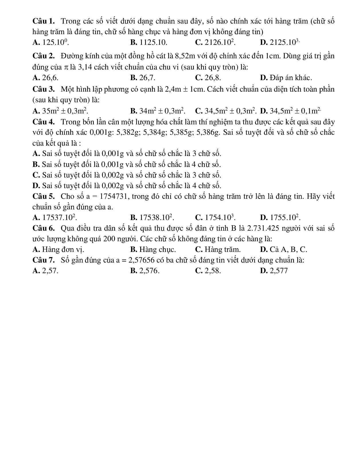 Bài tập tự luyện xác định các chữ số chắc của một số gần đúng Toán 10 (trang 2)
