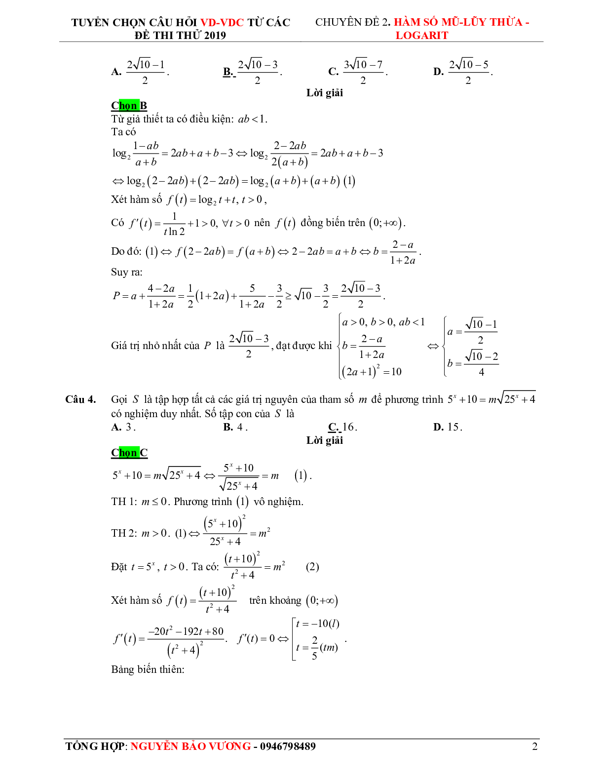 57 bài toán vận dụng - vận dụng cao hàm số mũ, logarit - có lời giải chi tiết (trang 10)