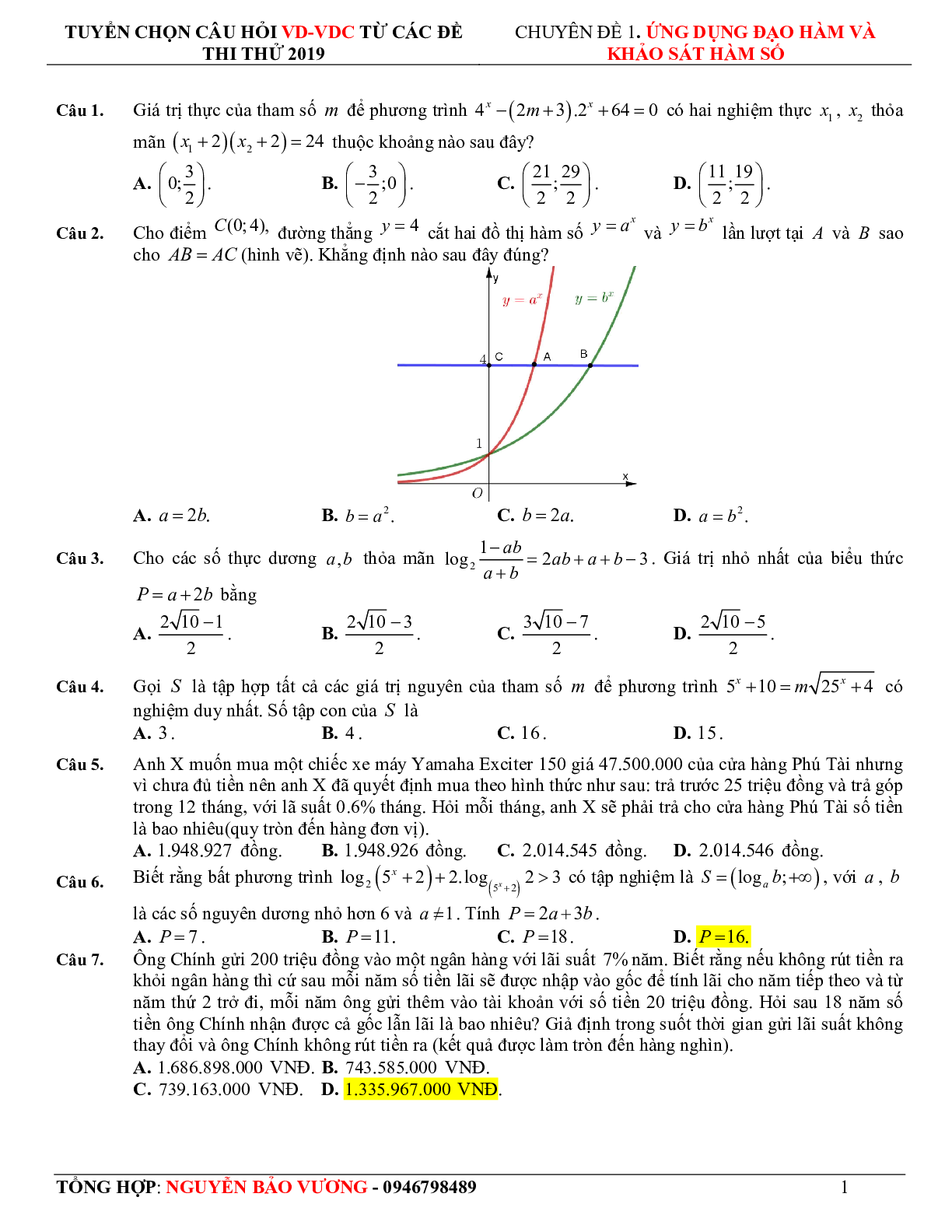 57 bài toán vận dụng - vận dụng cao hàm số mũ, logarit - có lời giải chi tiết (trang 2)
