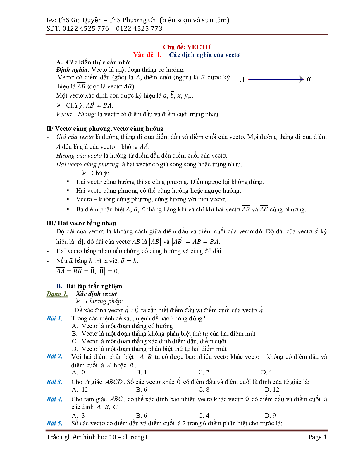 Phân dạng và bài tập trắc nghiệm chuyên đề vector (trang 1)