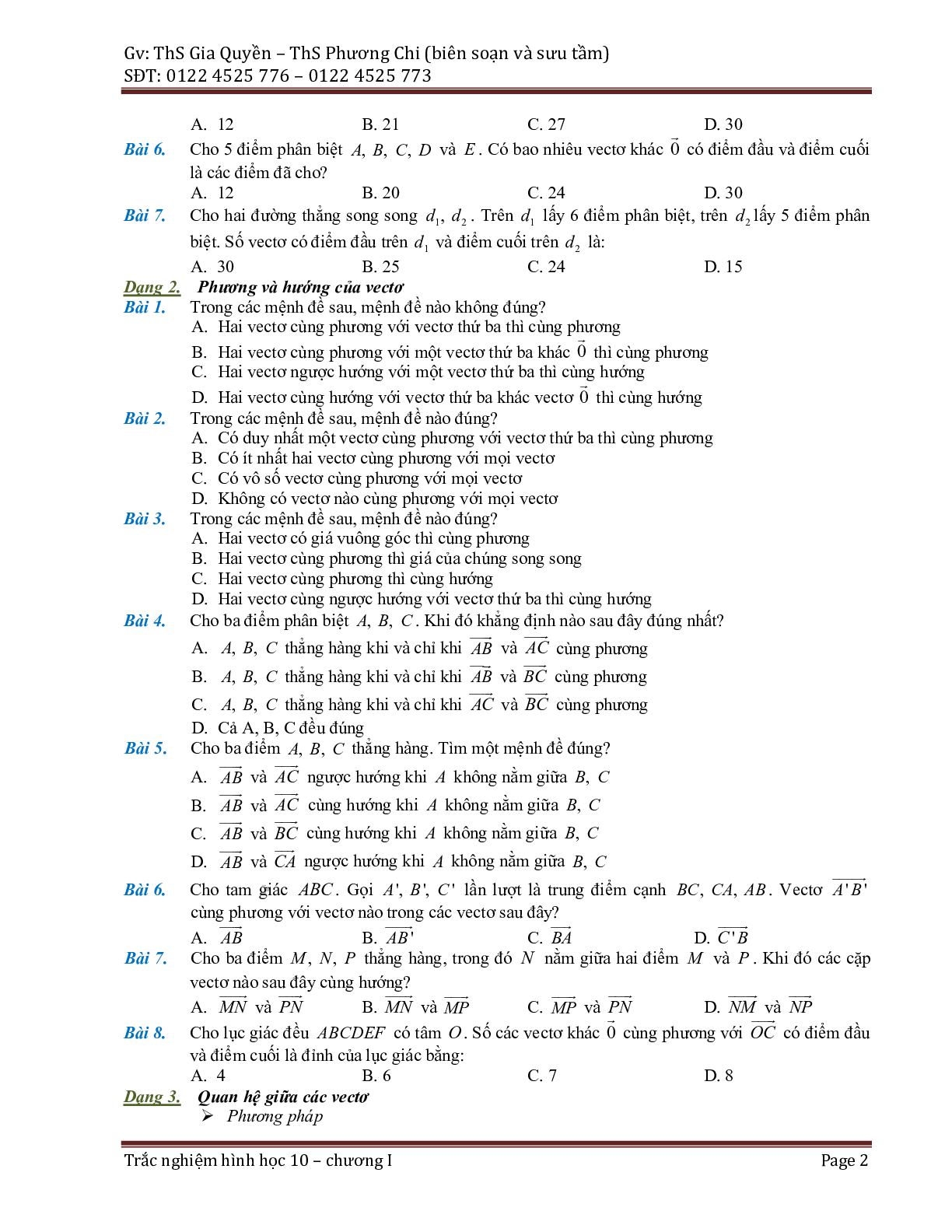 Phân dạng và bài tập trắc nghiệm chuyên đề vector (trang 2)
