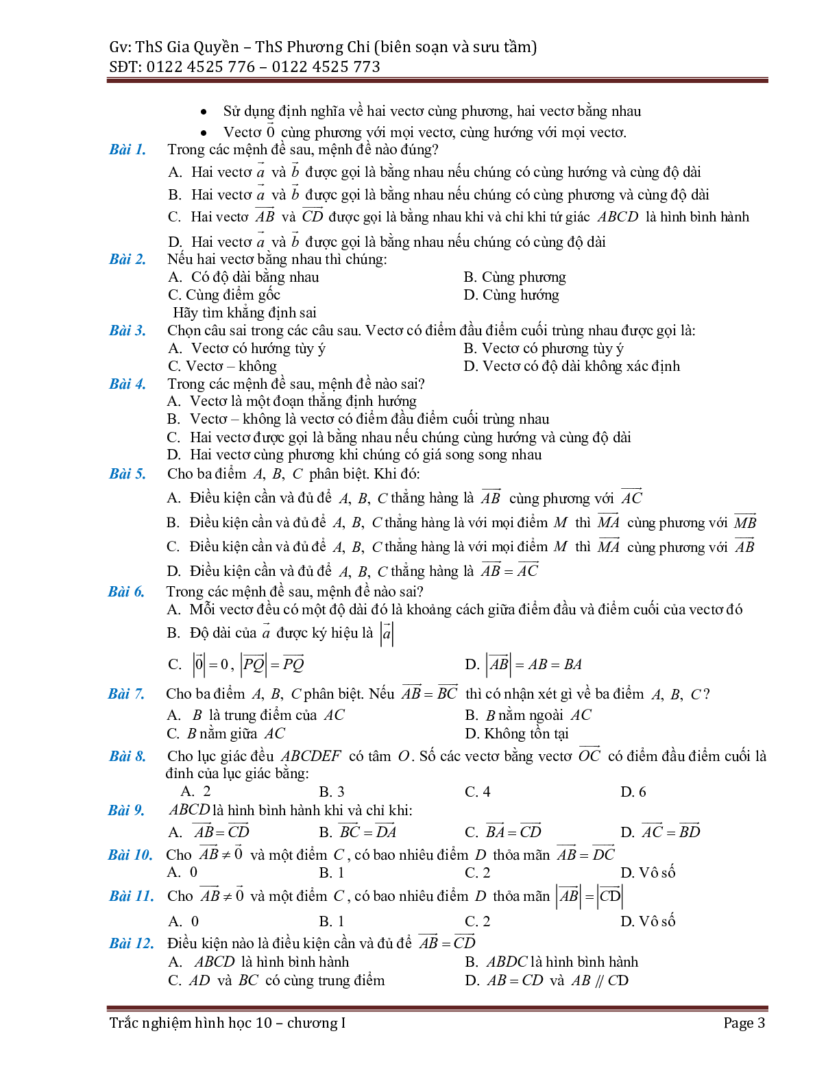 Phân dạng và bài tập trắc nghiệm chuyên đề vector (trang 3)