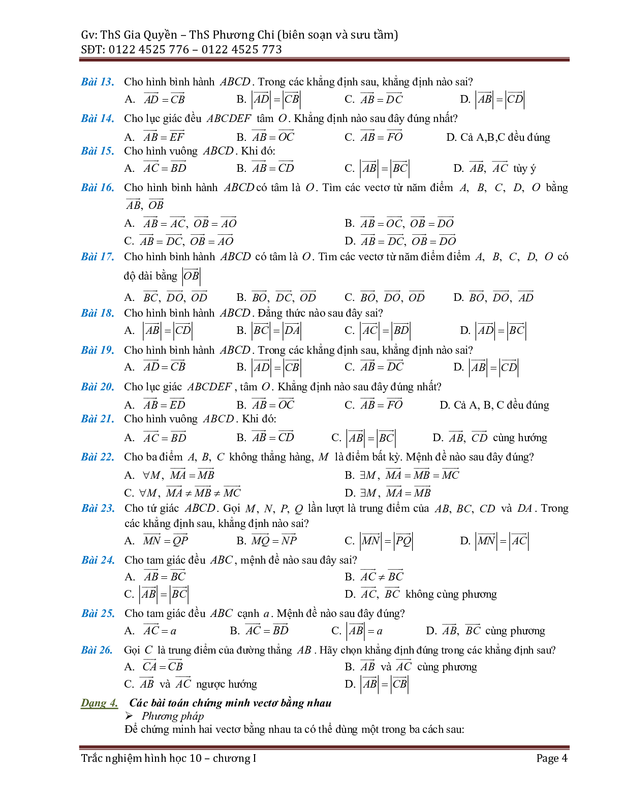 Phân dạng và bài tập trắc nghiệm chuyên đề vector (trang 4)