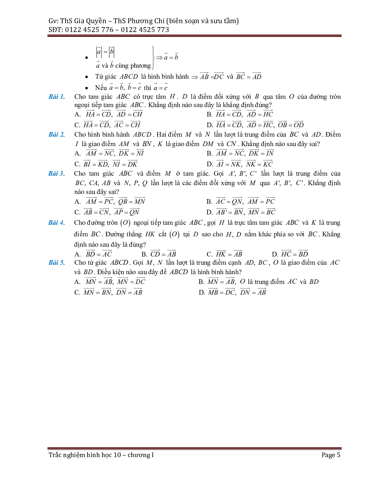 Phân dạng và bài tập trắc nghiệm chuyên đề vector (trang 5)
