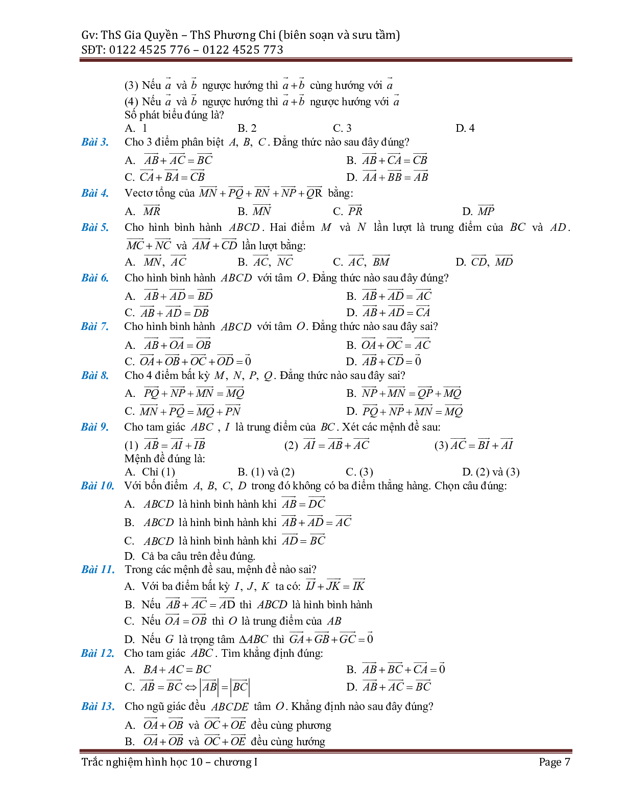 Phân dạng và bài tập trắc nghiệm chuyên đề vector (trang 7)