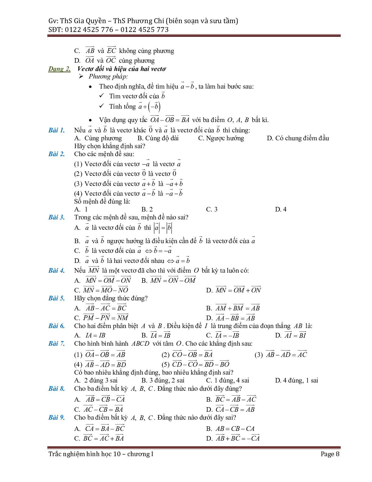 Phân dạng và bài tập trắc nghiệm chuyên đề vector (trang 8)