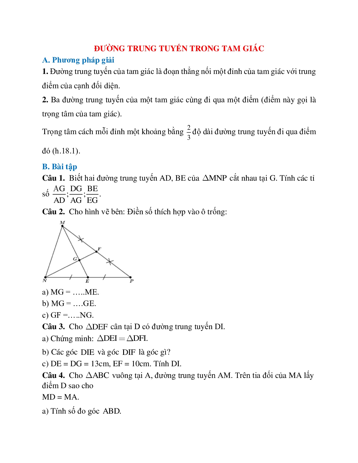 Những bài tập điển hình về Đường trung tuyến trong tam giác chọn lọc (trang 1)
