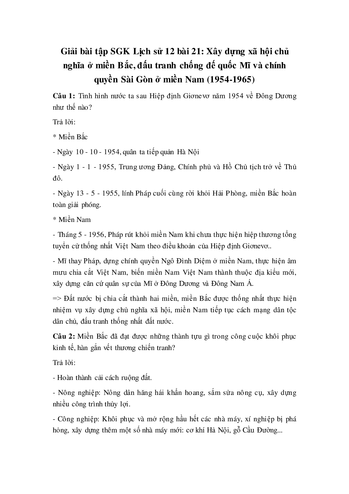 Giải bài tập SGK Lịch sử 12: Bài 21: Xây dựng xã hội chủ nghĩa ở miền Bắc, đấu tranh chống đế quốc Mĩ và chính quyền Sài Gòn ở miền Nam (1954-1965) mới nhất (trang 1)