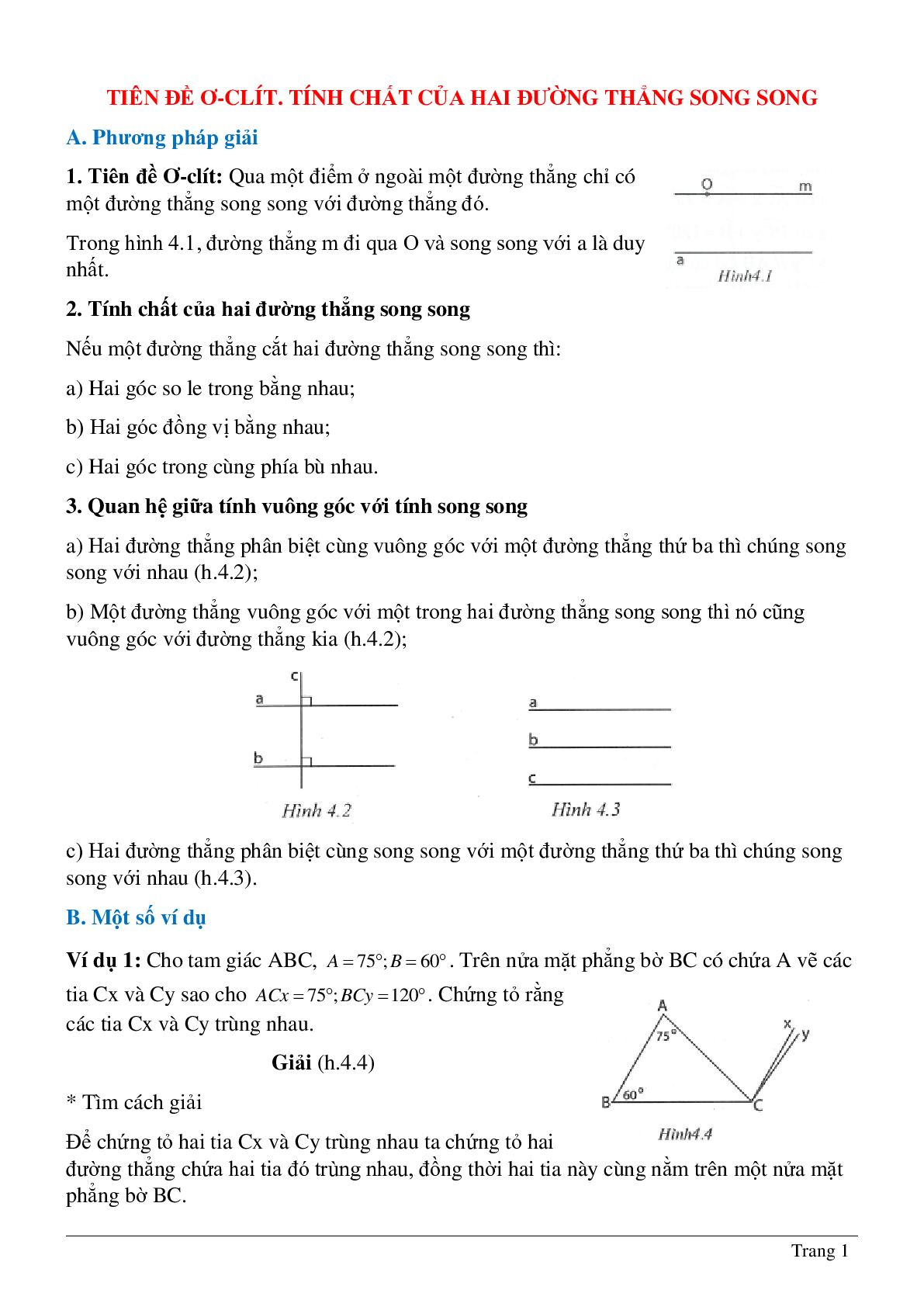Phương pháp giải và bài tập về Tiên đề Ơ-clit - Tính chất của hai đường thẳng song song có lời giải (trang 1)