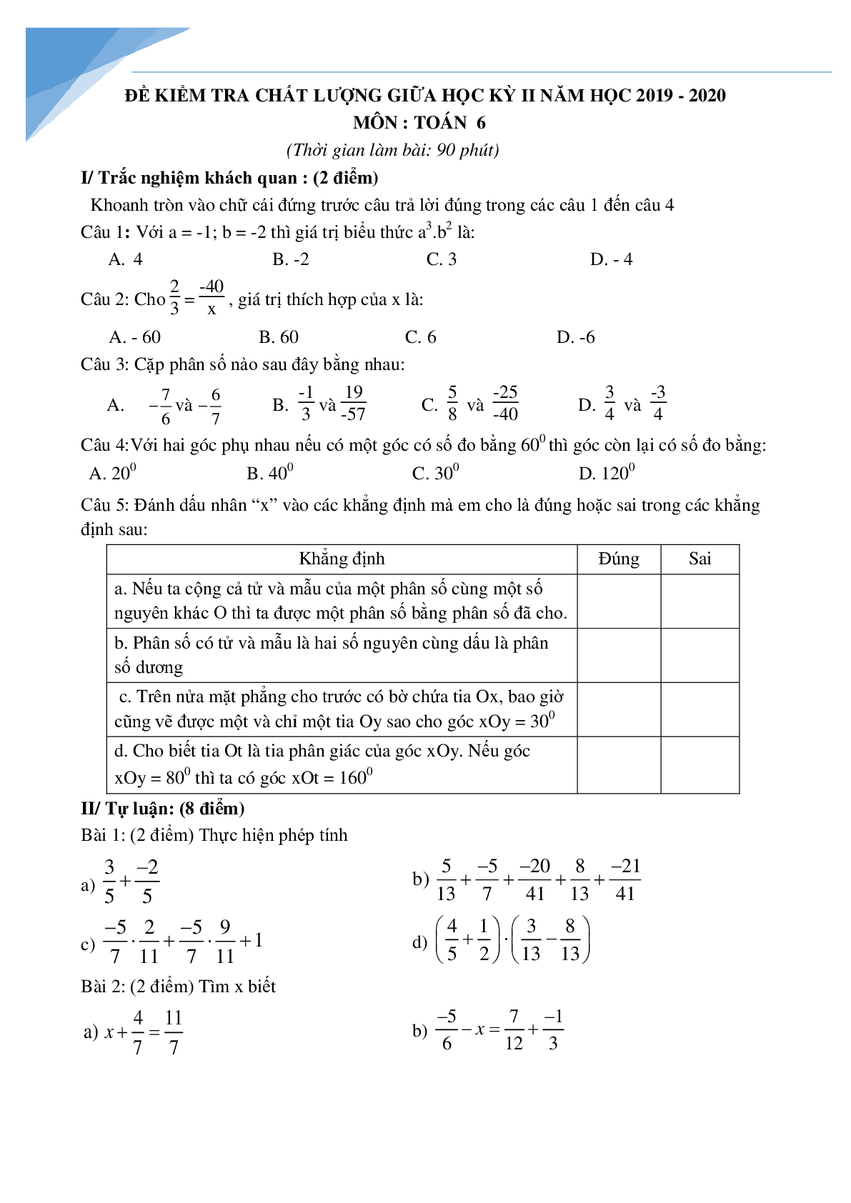 Bộ đề thi giữa học kì 2 Toán lớp 6 (trang 1)
