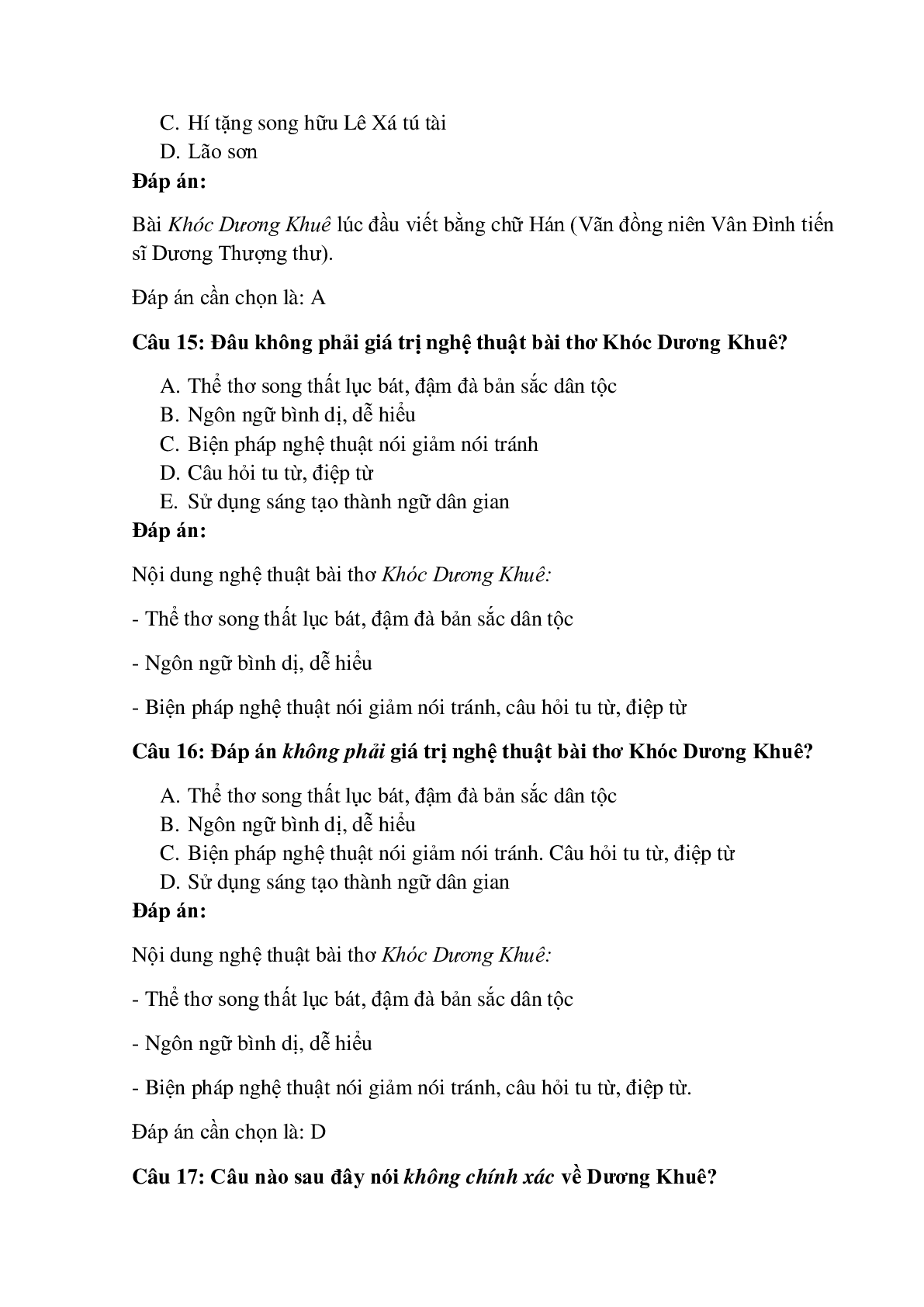 30 câu Trắc nghiệm Khóc Dương Khuê - Nguyễn Khuyến có đáp án 2023 – Ngữ Văn lớp 11 (trang 6)