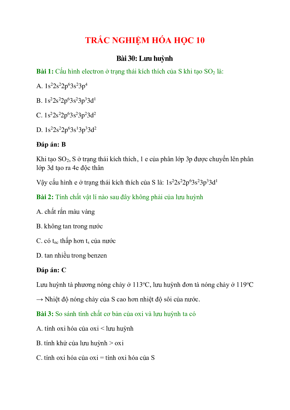 Trắc nghiệm Lưu huỳnh có đáp án - Hóa học 10 (trang 1)