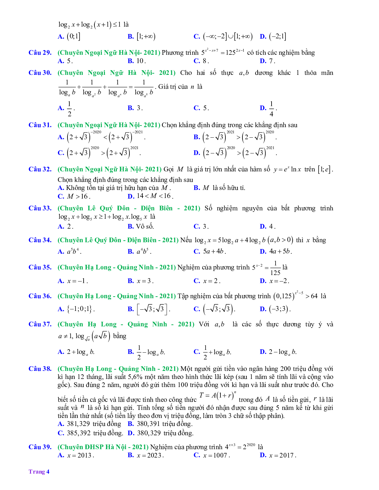 111 câu Trắc nghiệm Mũ - Lũy thừa - Logarit mức độ thông hiểu có đáp án 2023 (trang 4)