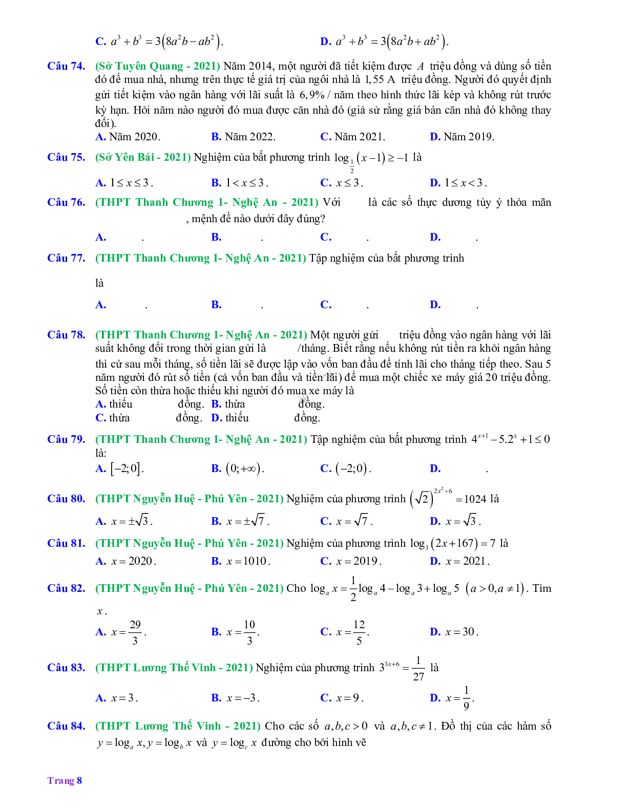 111 câu Trắc nghiệm Mũ - Lũy thừa - Logarit mức độ thông hiểu có đáp án 2023 (trang 8)