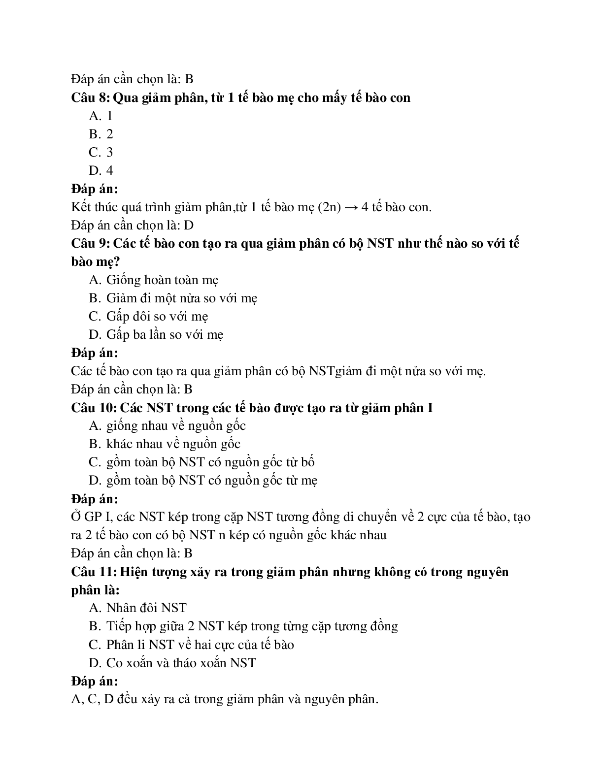 44 câu Trắc nghiệm Sinh học 9 Bài 10 có đáp án 2023: Giảm phân (trang 3)