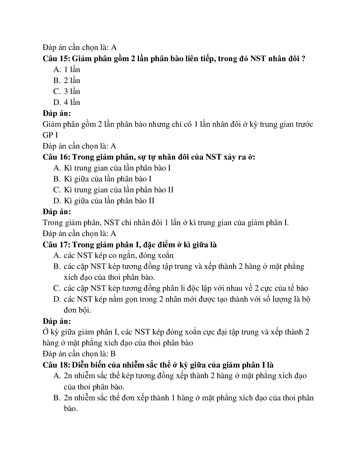 44 câu Trắc nghiệm Sinh học 9 Bài 10 có đáp án 2023: Giảm phân (trang 5)