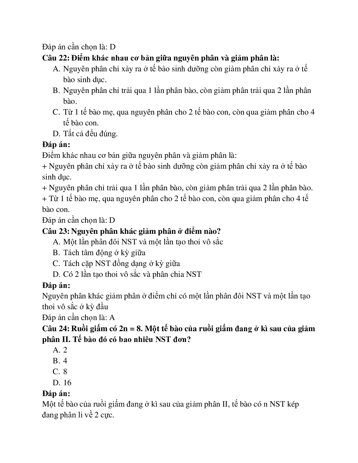 44 câu Trắc nghiệm Sinh học 9 Bài 10 có đáp án 2023: Giảm phân (trang 7)