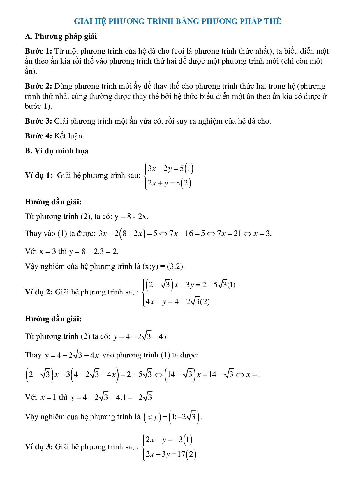 Các bước Giải hệ phương trình bằng phương pháp thế và bài tập vận dụng (trang 1)
