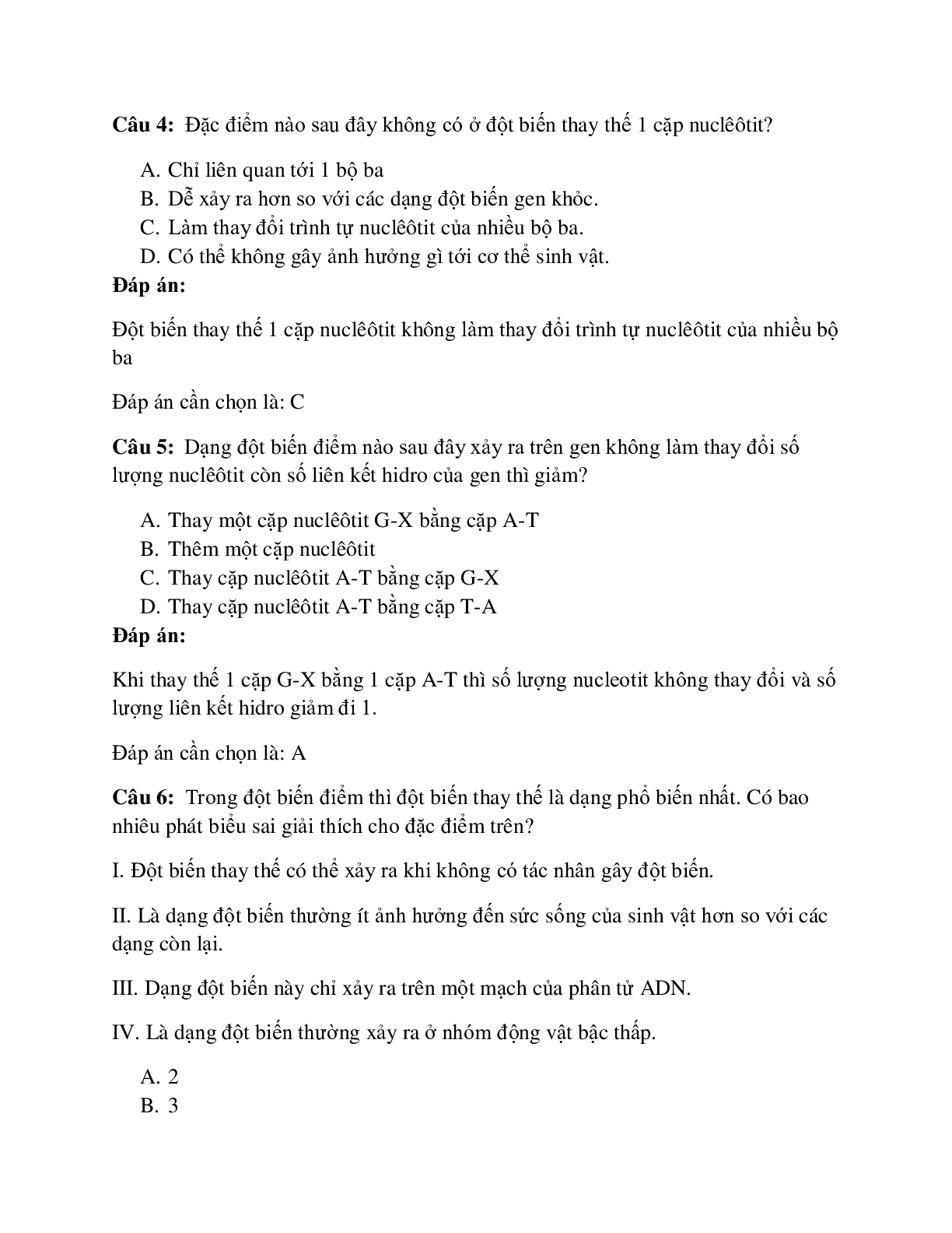 102 câu Trắc nghiệm Sinh học 12 Bài 4 có đáp án 2023: Đột biến gen (trang 2)