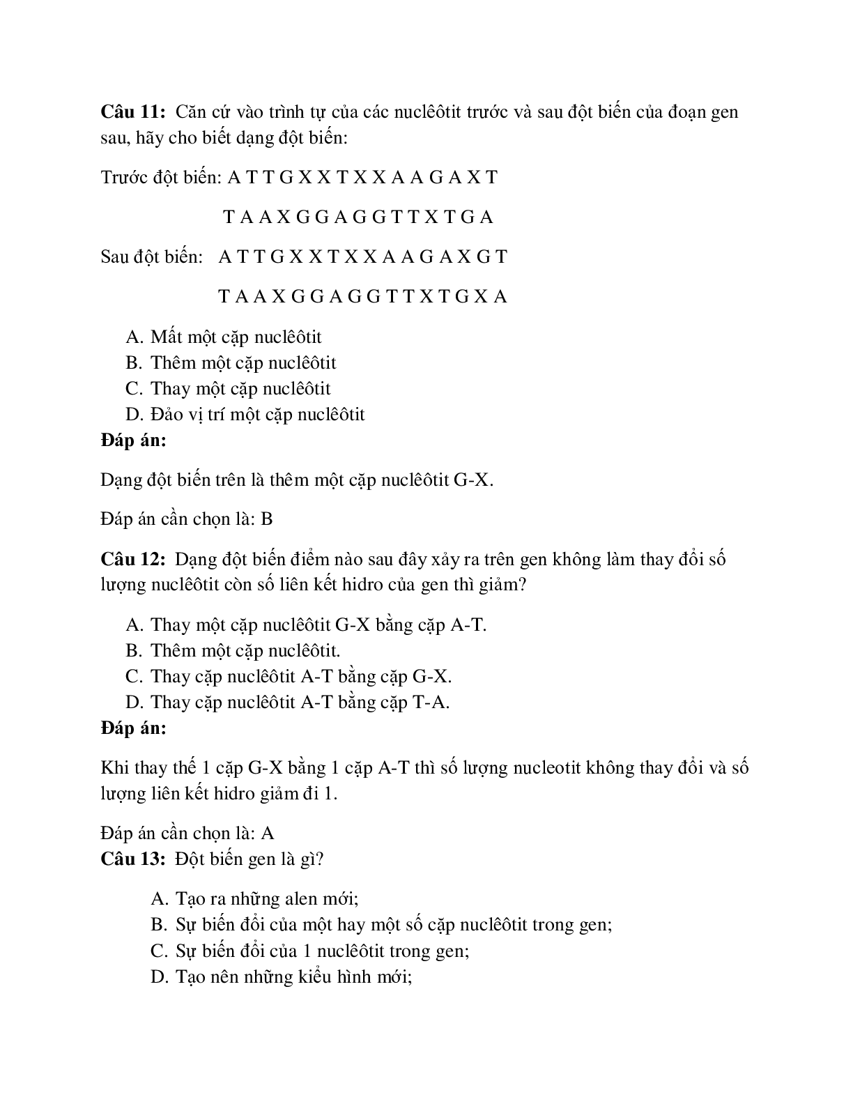 102 câu Trắc nghiệm Sinh học 12 Bài 4 có đáp án 2023: Đột biến gen (trang 5)
