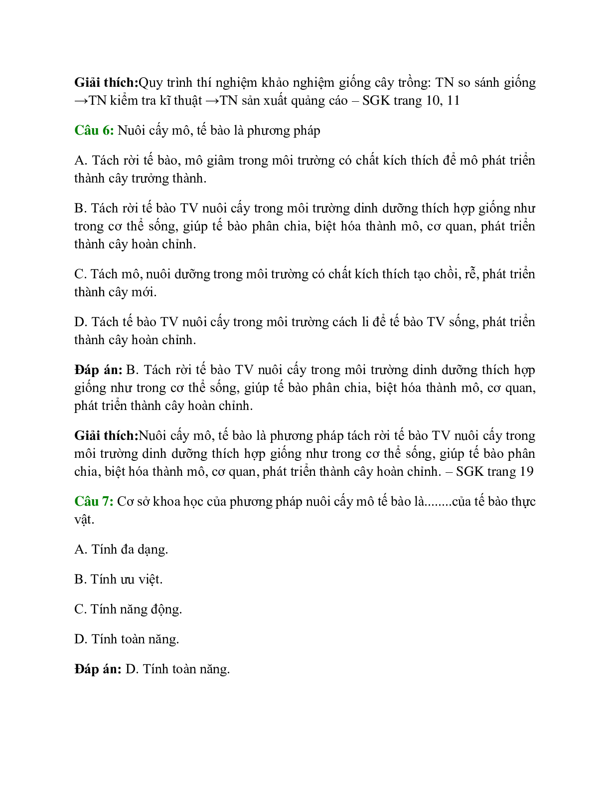 Trắc nghiệm Công nghệ 10 Bài 21 có đáp án: Ôn tập chương 1 (trang 3)