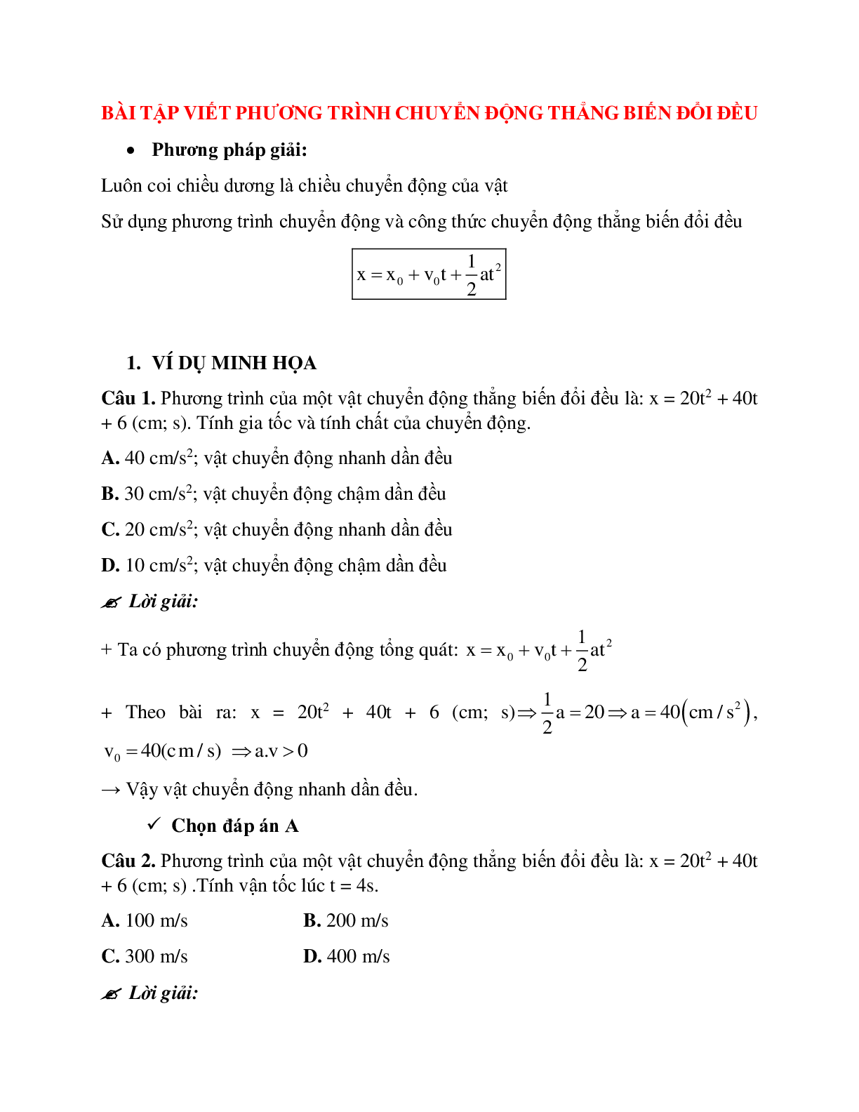 Bài tập về viết phương trình chuyển động thẳng biến đổi đều có đáp án (trang 1)